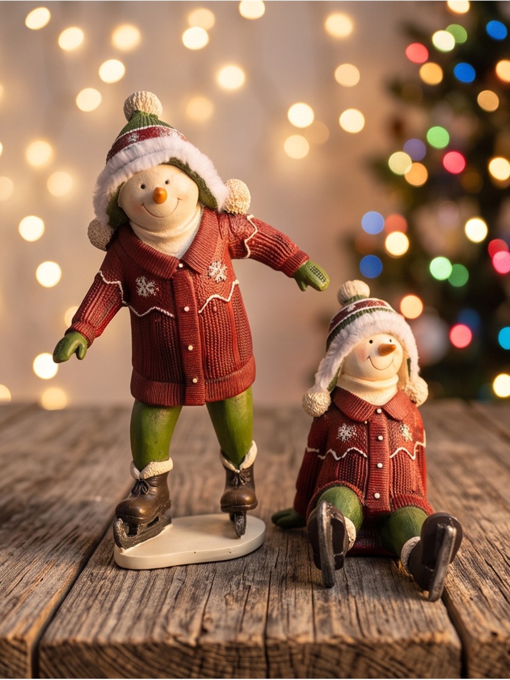 Festive Red Snowman Figurine Pair Set - Holiday Table Decor